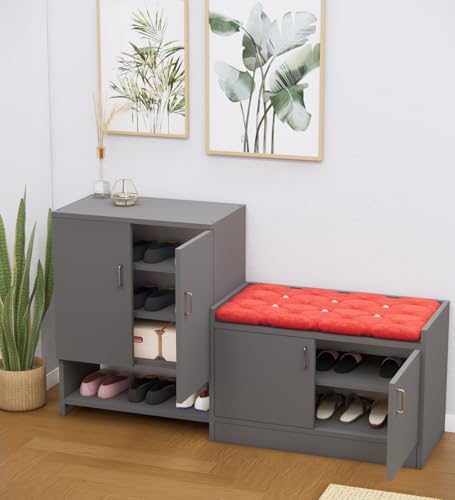 Image of SPECIALITY PANELS Shoe Storage Cabinet with Cushioned Bench, Grey, 2-Piece Set, DIY Assembly, 135x75x37.5 cm, Vertical and Horizontal Rack Combo