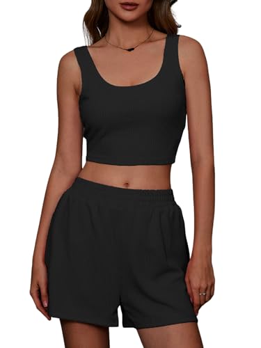 GORGLITTER Damen Shorts und Top Sets 2 Piece Träger Bauchfrei Tops Camisole Kurze Hose Hauseanzug Kombi 2-Teiler Home Set Schwarz M