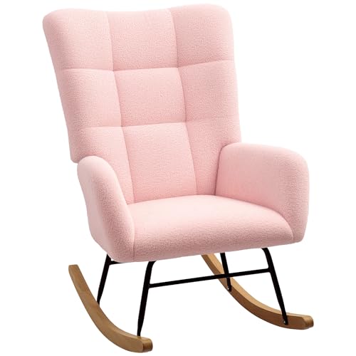 HOMCOM Rocking Chair, Teddy Upholstered Accent Chair, Modern Armchair with Wide Backrest and Rubberwood Base for Living Room, Bedroom, Light Pink
