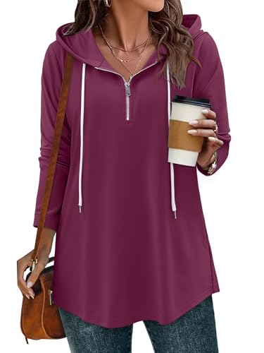 BETTE BOUTIK Womens Quarter Zip Tunic Hoodies Pullover Long Hooded Sweatshirts S-3XL