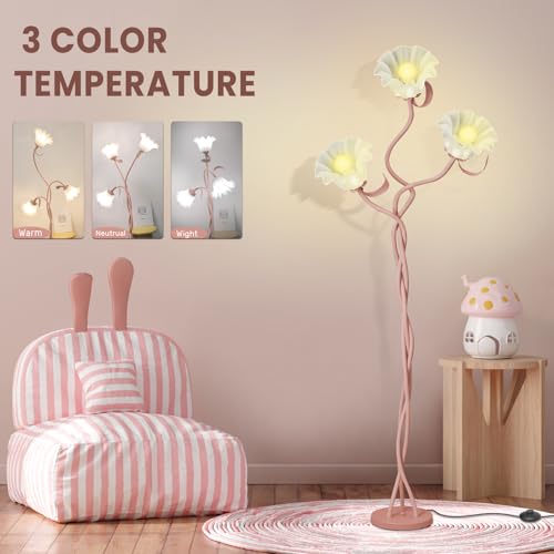 Vintage 3 Heads Flower Floor Lamp for Living Room,3 Color Modes LED Modern Corner Standing Lamp with Goosenecks, Bright Tall Cute Dimmable Lamp for Kids Reading Girls' Bedroom Office Home Decor(Pink)