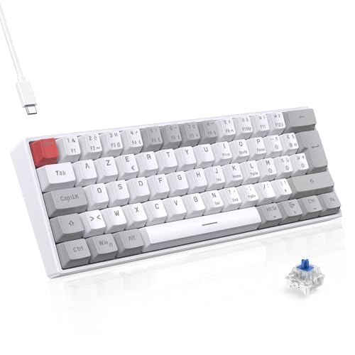TECURS Clavier Mecanique - Clavier Gamer de Jeu Filaire Switchs Bleu, AZERTY Français, LED Rétroéclairé, Clavier Gaming Mini 60% pour PC/Windows/PS5/PS4, Blanc et Gris