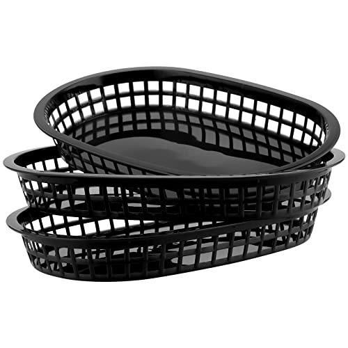 HOZEON 24 Pack 10.5 x 7 Inches Fast Food Baskets, Plastic Serving Baskets, Oval Bread Fry Baskets Deli Baskets Restaurant Food Service Trays for Burgers, Sandwiches, Barbecues, Black
