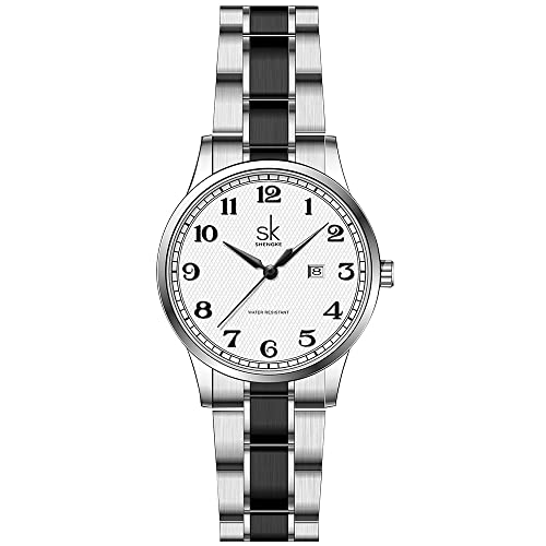 SHENGKE SK Classic Business Women Montres avec Bracelet en Acier Inoxydable et Montre élégante en Cuir véritable pour Dames(Silver)