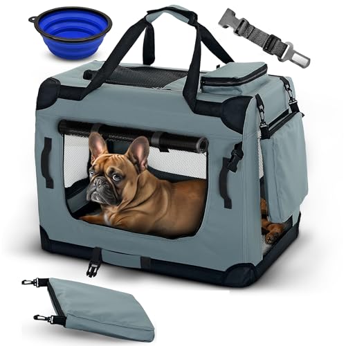 PET VIOLET Hundebox Hundetransportbox faltbar & robust für Auto & Reise – 62×42×44 cm – atmungsaktive Transportbox Transporttasche für Hunde & Katzen Stoffbox Tragetasche Grau