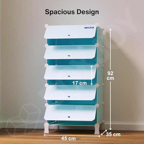 Image of BOXJOY 5 Shelf Plastic Shoe Rack with 5 Doors & 5 Hook Steel Holder (Blue) | Shoes Stand Organiser with Feet, Metal Frame Door & Wooden Hammer for Home Storage to Cover Chappal Slipper Sandals