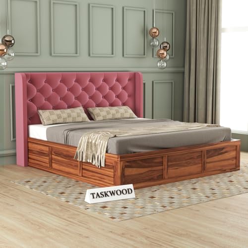 Image of Solid Sheesham Wood Queen Size Bed with Storage | Wooden Double Bed Cot Bed with Box Storage & Velvet Upholstered Cushioned Headboard for Bedroom (Honey A, Queen)