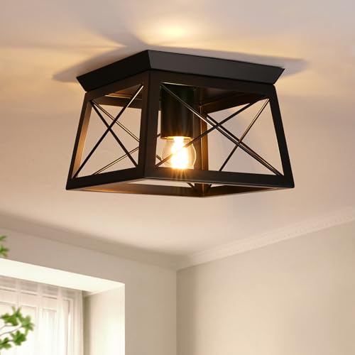 FORCOSO Deckenleuchten Schwarz - E27 Industrial LED Deckenlampe 1-flammig Quadrat Metall Vintage Deckenleuchte für Wohnzimmer Schlafzimmer Küche Flur Eingang - Keine Glühbirne