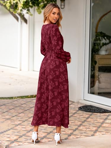 Image of Simplee Womens Boho Floral Long Sleeve Maxi Dress V Neck Empire Waist Fall Wedding Guest Dresses with Pockets