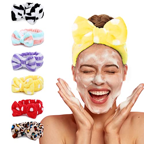 LADES Spa Headband 6 Pack Bow Hair Band Women Facial Makeup Head Band Soft Coral Fleece Head Wraps For Shower Washing Face