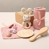 Baby Gift Shower Set, 6-Piece Newborn Gift Set, Baby Blanket Newborn Rattle Wooden Brush and Milesto