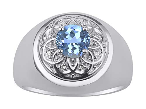 Image of Rylos Men's Designer Gypsy Ring with 7MM Round Gemstone & Diamond - Birthstone Rings in Sizes 8-13 in Sterling Silver