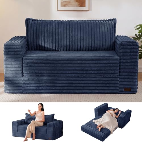 Image of MAXYOYO Convertible Sofa Bed, 2 in 1 Folding Couch Bed for Small Space, Pull Out Loveseat Sofa Couch with Large Back Pillow, Plush Faux Fabric Lounge Couch for Living Room, Apartment, Navy