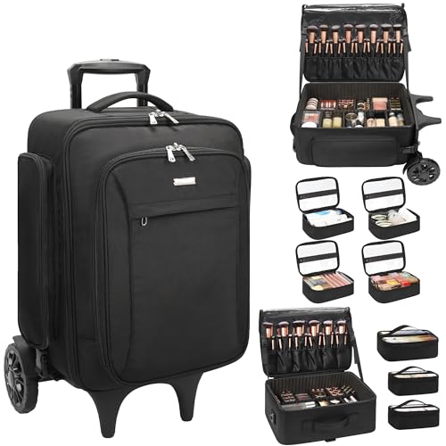 Relavel Rolling Makeup Case with Large Makeup Case, Large Make Up Travel Organizer with 2 big Wheels, Professional Lockable Makeup Artist Backpack with Adjustable Dividers for Daily Use - Black