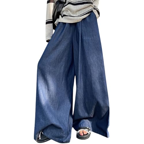 chouyatou Women's Elastic High Waisted Wide Leg Jeans Baggy Boyfriend Flare Trendy Long Denim Pants