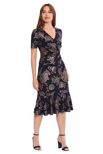 Image of London Times Women's V-Neck Dress - Flounce Hem, Twist Waist, Elegant Office & Event Wear