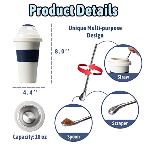 JoyMech Slushy Maker Cup, Compact Make and Serve Slush Cup with Stainless Steel Inner and Spoon Straw, Mini Ice Cream Maker Cup, Creates Single-Serving Slushies, Smoothies and Milkshakes, 10 oz, White