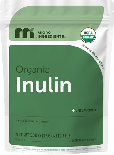 Micro Ingredients Organic Inulin FOS Fiber Powder, 1.1 lb | Quick Water-Soluble Prebiotic | Natural Unflavored Fiber for Yogurt, Smoothies, & Drinks | Vegan Friendly, Dissolves Clear, Non-GMO