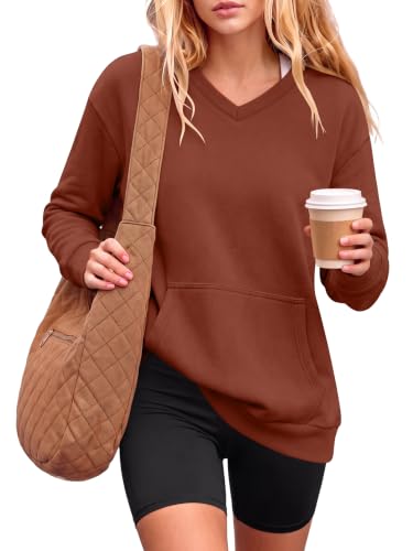 ANRABESS Womens V Neck Long Sleeve Sweatshirts,Caramel,S