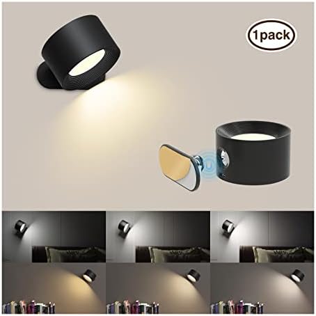 Coollamp LED Indoor Wall Lamp, Bedroom Wall Light with Warm/ Natural/White Light, 3 Brightness Levels, Rechargeable Battery, Touch Control, 360 ° Rotate, Wall Lamp for Living Room Corridor Stairs