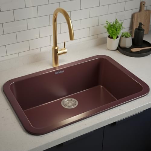 Image of ARQUIN Quartz Sink 24x18x9 Inch Brown Round Corner | Single Bowl Sink | Durable & Scratch-Resistant | Undermount /Topmount Including Coupling, Waste Pipe & Fruit Washing Basket