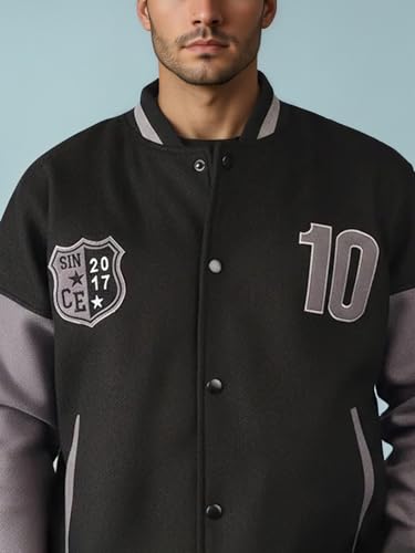 Image of CHKOKKO Men's Oversized Varsity Jacket with Snap Button Closure and Patch Design Trendy Comfortable Outerwear for College Travel and Casual Wear