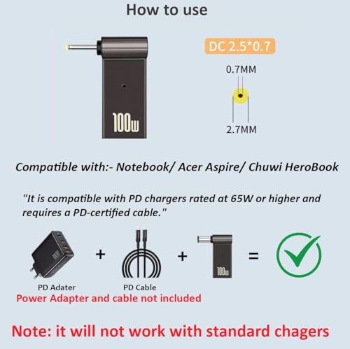 Image of Tobo PD 100W Laptop Charger Adapter Connector USB Type-C Female to DC Male Jack Socket Converter Compatible with Samsng Lenvo (2.5x0.7mm) TD-1253CC