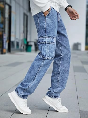 Image of GRECIILOOKS Men's Cargo Jeans Pants - Stylish Relaxed Fit Denim Cargo for Men | Lightweight Summer Casual Streetwear | Multi Pocket Baggy Jeans for Travel, Everyday Wear & Outdoor
