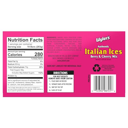 Wyler's Authentic Italian Ices Berry and Cherry Mix - Pack of 2-20 Total Bars - Freeze and Serve Bars - Cherry, Strawberry, Berry Lemonade, and Blue Raspberry
