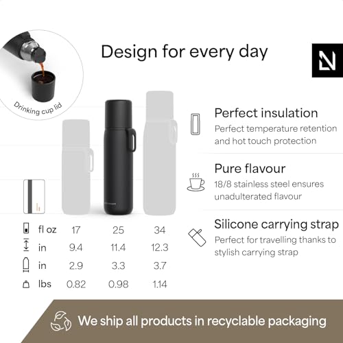 Image of LARS NYSOM Stainless Steel Thermo Water Bottle - Double Wall Insulated Water Bottle with Cup & Carry Strap, Leakproof Metal Bottle for Travel, Office & Outdoor (Carbon Black, 25oz)