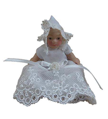 Muñeca de porcelana en escala 1:12 con vestido blanco miniatura 1