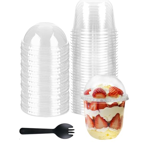 Hniuyun 50 tazas de postre de 12 onzas con tapas de cúpula y cucharas, ollas de postre transparentes, cuenco para servir aperitivos para postre, pudín, yogur, fiesta de frutas