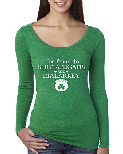 Wild Bobby Prone to Shenanigans and Malarkey | Funny Irish | Womens St. Patrick's Day Scoop Long Sleeve Top, Envy, Small