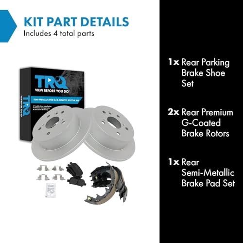 Image of TRQ Rear Brake Pad and Rotor Set Semi Metallic G Coated Rotors Parking Shoe Compatible with 2005-2007 Toyota Avalon 2002-2006 Camry 2004-2008 Solara