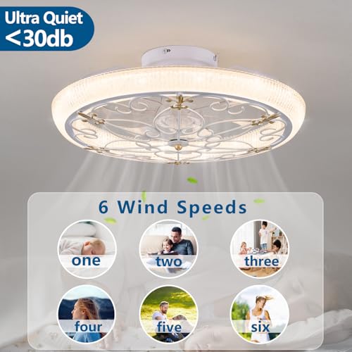 HuixuTe 20" White Caged Ceiling Fan with Lights Remote Control with Crystal Sand Lampshade, Rustic Industrial Ceiling Fan with Light for Kitchen Bedroom Living Room — view 6
