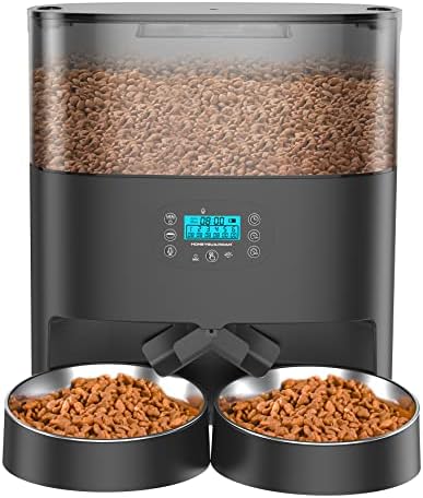 HoneyGuaridan 6L Automatic Cat Feeder for 2 Pets, Pet Food Dispenser for Cat and Dog with Desiccant Box, Timer Feeder Portion Control 1-6 Meals per Day, Dual Power Supply, Voice Recorder