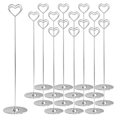 Urban Deco 16PK Heart Table Number Holders Place Card Holders 12 Inch Table Card Holders Steel Card Holders for Photos, Food Signs, Memo Notes, Weddings, Restaurants, Birthdays（ Silver）