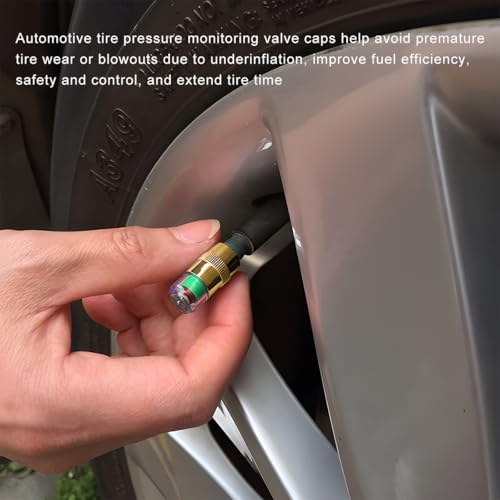 Image of 12 PCS Tire Pressure Monitor Valve Stem Caps, 2.4 Bar 36PSI Pressure Monitor Stem Covers with 3-Color Eye Alert, Easy to Read Sensor Indicator Tire Valve Cap for Most Cars (Golden)