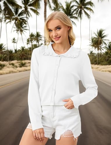 Image of Women Ruffle Collar Button Down Cropped Cardigan Long Sleeve Open Front Knit Sweaters Peplum Sweater Crop Jacket Tops