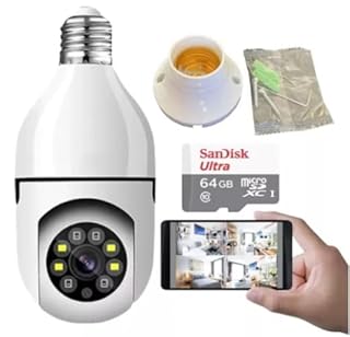 Camera Lâmpada com cartão de memória 64gb Wifi Ip Segurança Panorâmica Giratória 360 1080P com Visão Noturna Pet