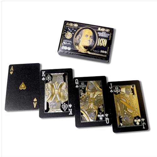 Schwarze Spielkarten mit Goldfolie - Wasserdichtes Dollar Muster Deck, Perfekt für Zaubertricks & Partys (Schwarz)