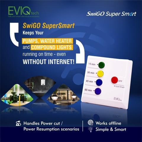 Image of SwiGO 20A Super Smart Timer Switch | Dry Run, Overload & High /Low Voltage Protection | Energy Monitor | For Motors, Pumps, Geysers & Lights | 5 /10 /15 /20 Min Auto-Cutoff | Offline & Online Control