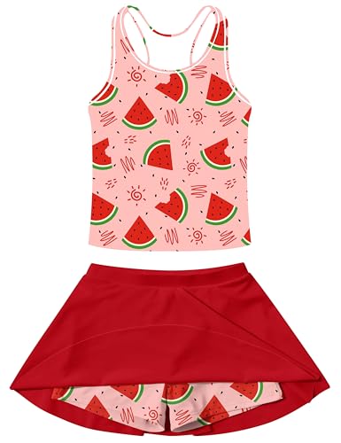 Image of Vogseek Girls Swimsuit Size 6 7 Red Watermelon Pattern Cute Bathing Suit for Girls with Matching Skirt 2 Piece Quick Dry Swimming Suits for Girl Beach Tankini Swimwear Sets