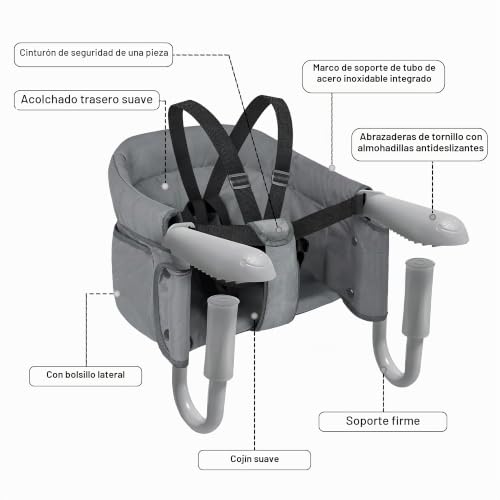 Miniatura 8 de Acxin Asiento De Mesa Para Bebé, Trona Con Bolsa De Transporte, Para Restaurantes, Viajes Y Como, Soporta Hasta 15 Kg Gris