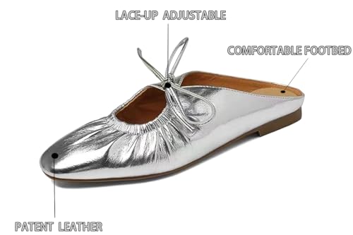 Generic Women's Leather Lace Up Slingback Flat Mules,Closed Toe Square Toe Ballet Flats, Casual Comfortable Dressy Dating Work Shoes for Women, Gold2