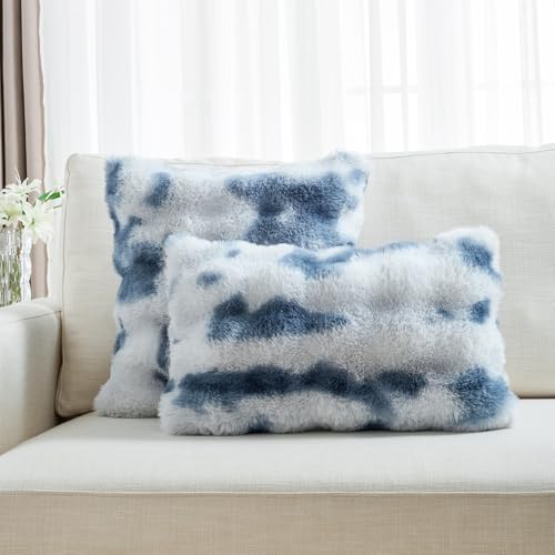FUTEI Blue White Decorative Throw Pillow Covers 20x20 Inch Set of 2,Soft Fuzzy Faux Rabbit Fur Cushion Covers with Raised Texture,Neutral Boho Home Decor for Couch Bed Living Room