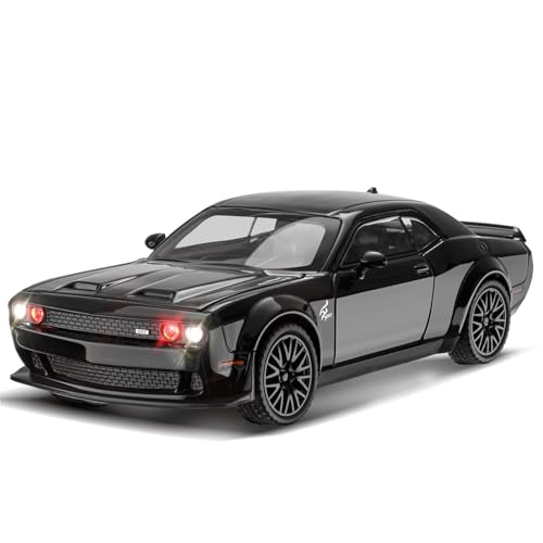 Image of 1:32 Scale Dodge Challenger Hellcat Die-Cast Metal Toy Car with Lights & Sound, Pull Back Action, Openable Doors, Hood & Trunk | Alloy Sports Car Model (1:32 Hellcat Dodge Challenger-Black 123)