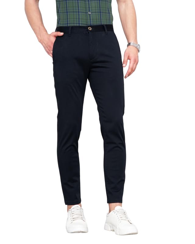 100% Cotton Slim Fit Flat-Front Trousers for Men | Tailored Design for a Clean Look | Versatile for Office & Casual Wear | Lightweight Breathable Fabric | Black-image-19