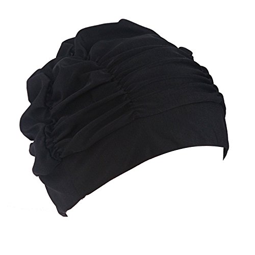 Ewanda Store Colorful Pleated Nylon Cloth Swim Cap Large Swimming Cap Hot Spring Bathing Caps For Adult Men Women Long Hair(Black) #TOP2