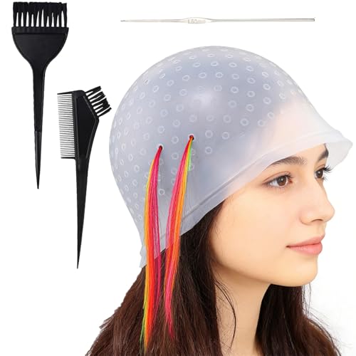 Bonnet Meches Cheveux,3 Pièces Trous Pré-percés Bonnet Meche,Bonnet de Cheveux en Silicone,Cheveux Professionnel Kit Coloration,Comprend un Pinceau à Mèches,Réutilisable,Convient aux Femmes et Filles